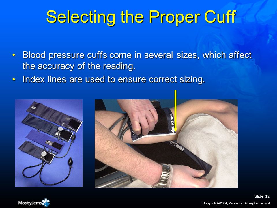 Selecting the Proper Cuff Blood pressure cuffs come in several sizes, which affect the accuracy of the reading.Blood pressure cuffs come in several sizes, which affect the accuracy of the reading.