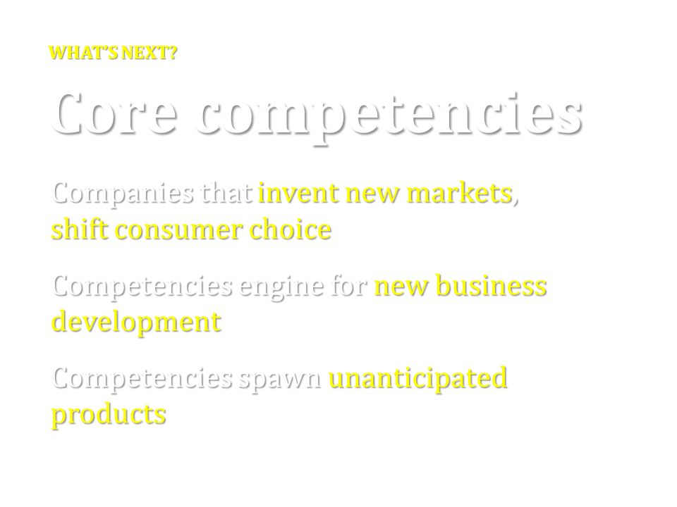Core competencies Companies that invent new markets, shift consumer choice Competencies engine for new business development Competencies spawn unanticipated products WHAT’S NEXT