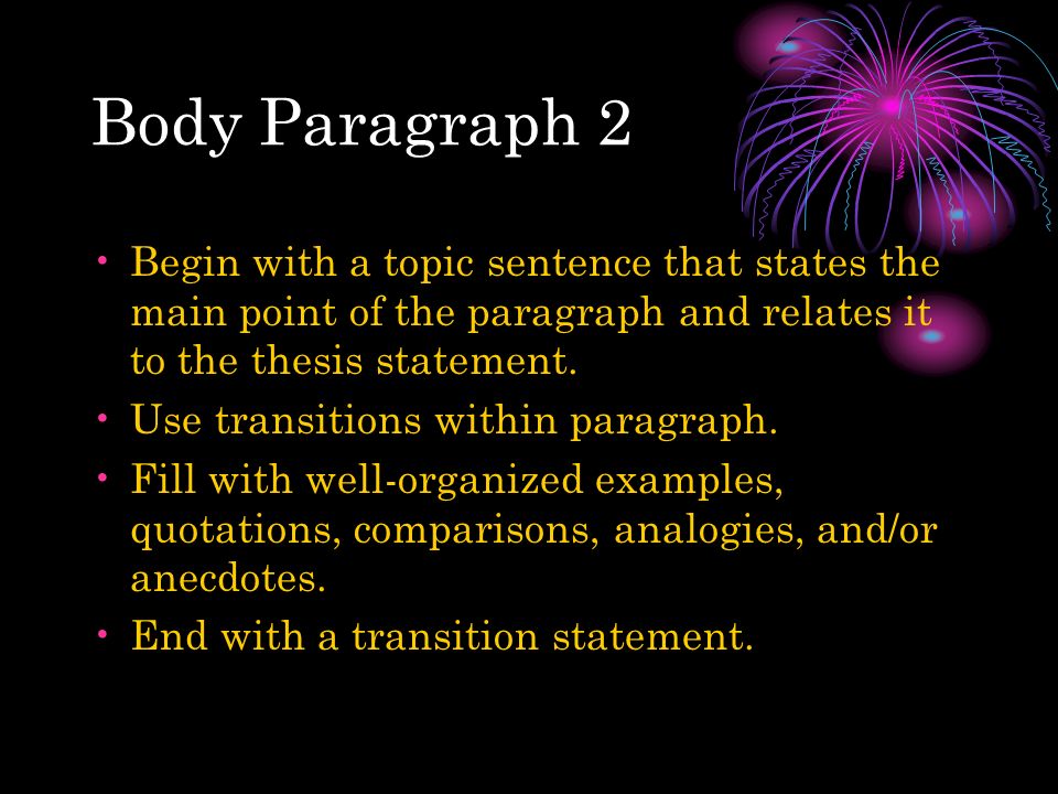 Body Paragraph 2 Begin with a topic sentence that states the main point of the paragraph and relates it to the thesis statement.