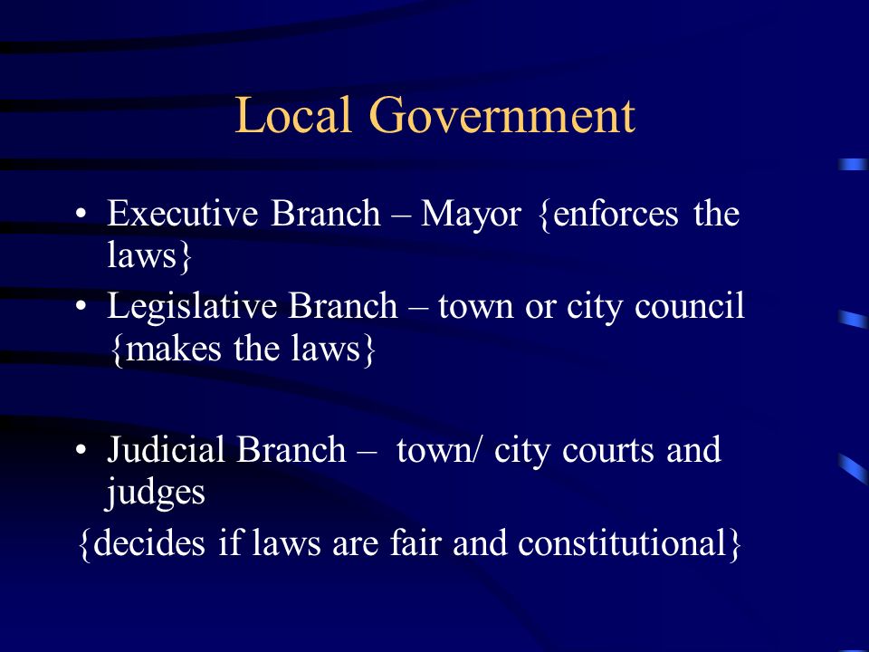 Local Government Executive Branch – Mayor {enforces the laws} Legislative Branch – town or city council {makes the laws} Judicial Branch – town/ city courts and judges {decides if laws are fair and constitutional}