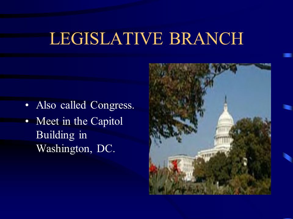 LEGISLATIVE BRANCH Also called Congress. Meet in the Capitol Building in Washington, DC.