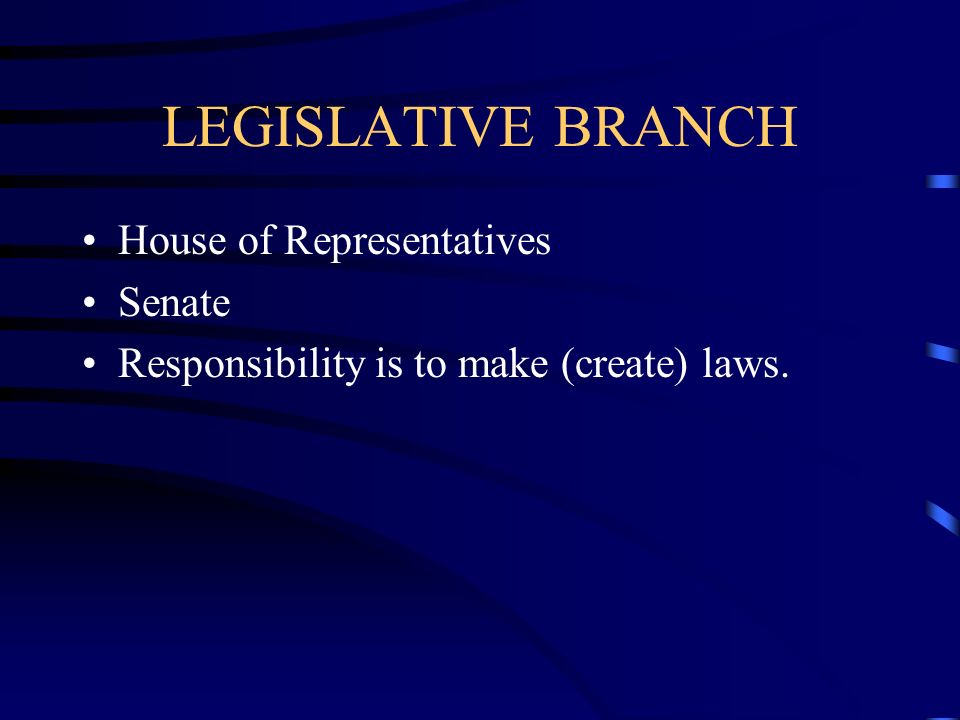 LEGISLATIVE BRANCH House of Representatives Senate Responsibility is to make (create) laws.