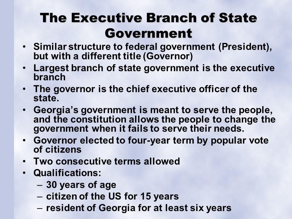 The Executive Branch of State Government Similar structure to federal government (President), but with a different title (Governor) Largest branch of state government is the executive branch The governor is the chief executive officer of the state.
