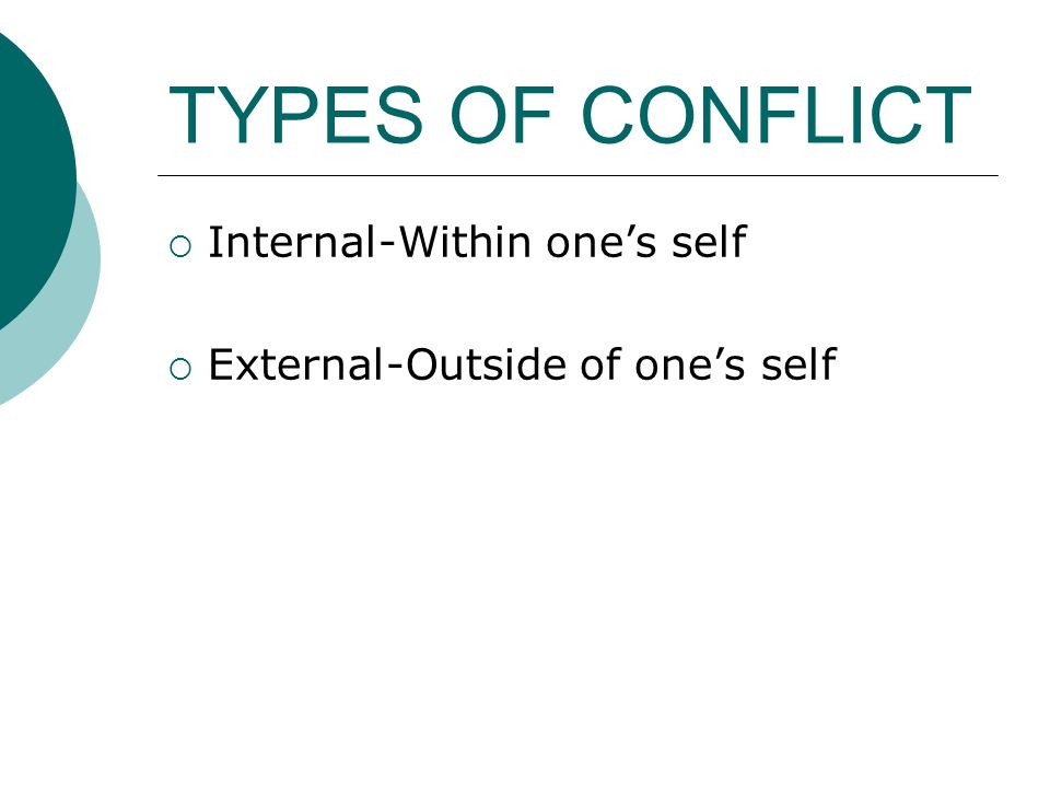 TYPES OF CONFLICT  Internal-Within one’s self  External-Outside of one’s self