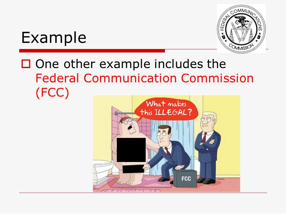 Example  One other example includes the Federal Communication Commission (FCC)