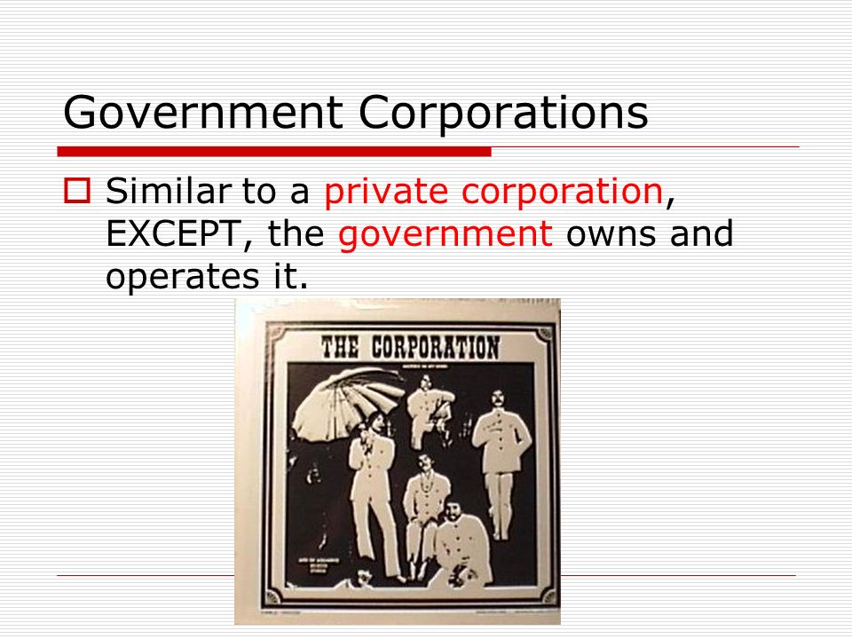 Government Corporations  Similar to a private corporation, EXCEPT, the government owns and operates it.