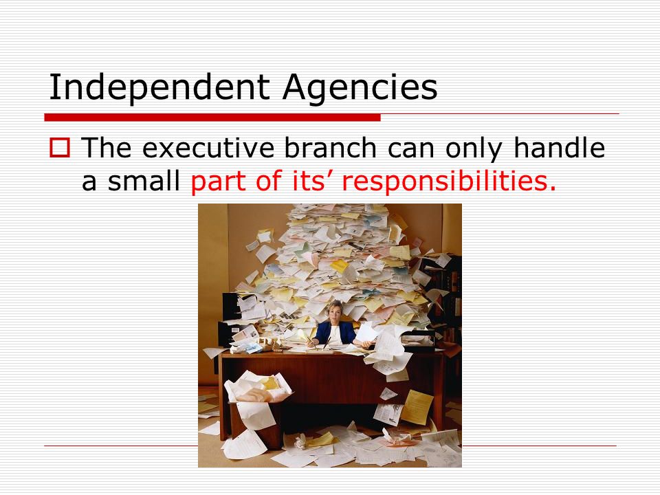 Independent Agencies  The executive branch can only handle a small part of its’ responsibilities.