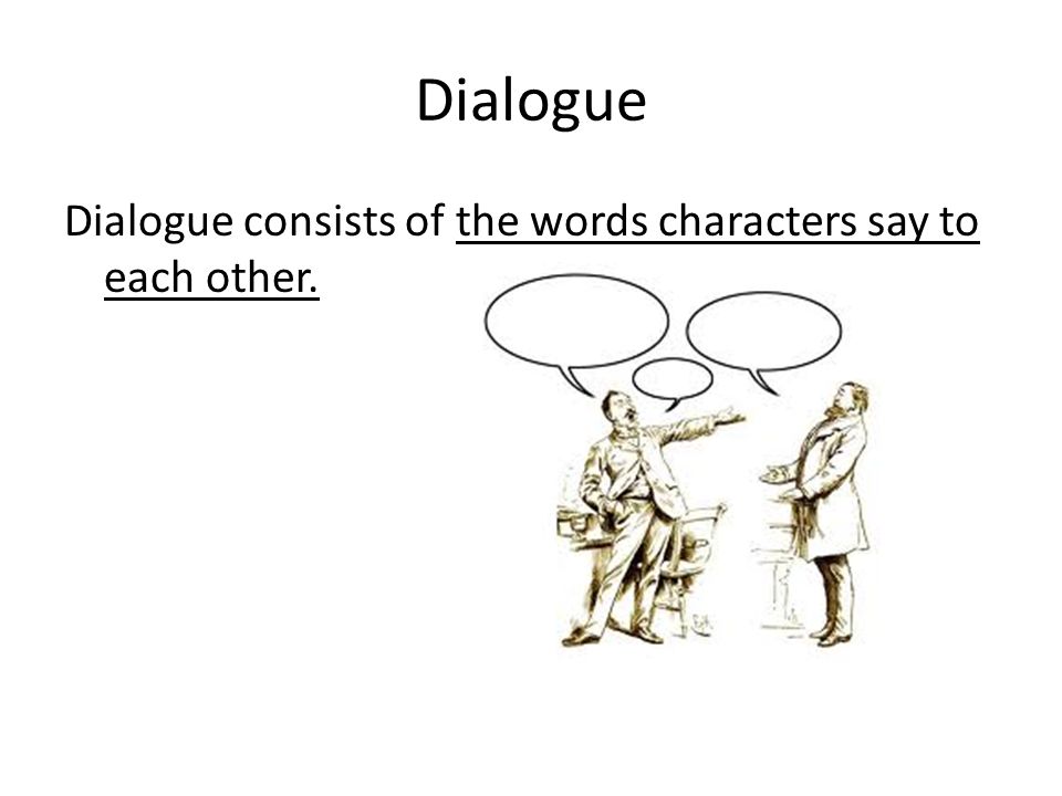 Dialogue Dialogue consists of the words characters say to each other.