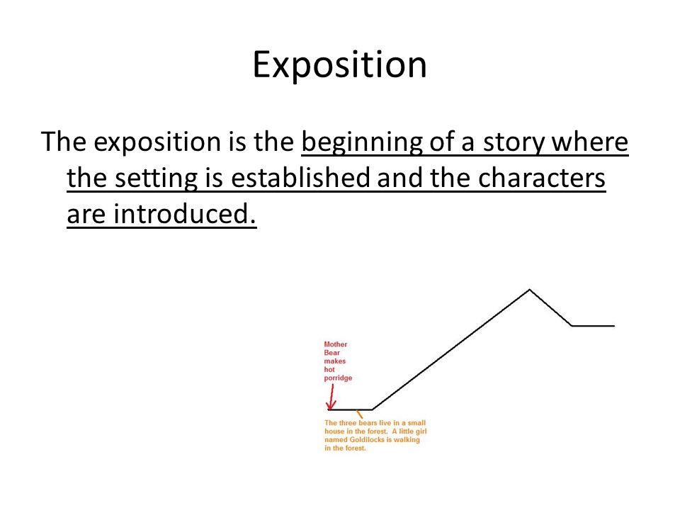 Exposition The exposition is the beginning of a story where the setting is established and the characters are introduced.
