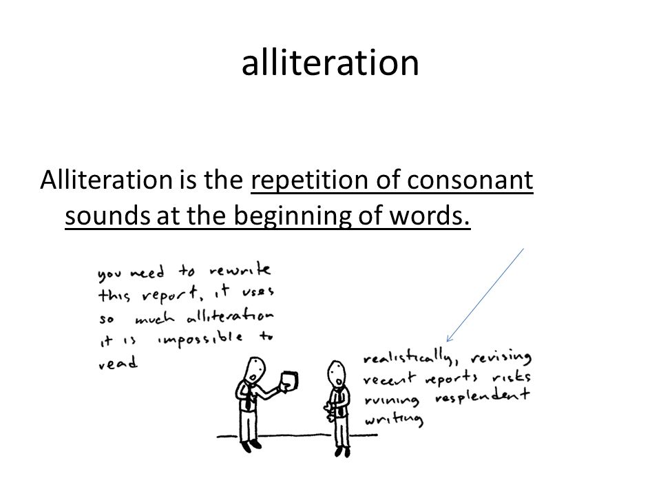 alliteration Alliteration is the repetition of consonant sounds at the beginning of words.