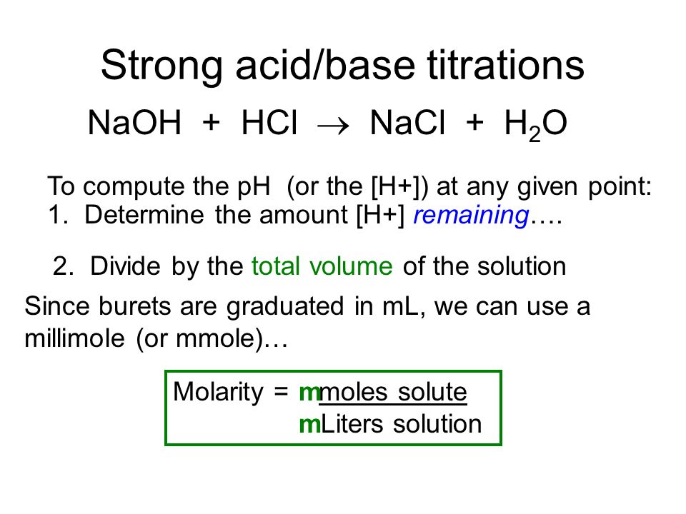 Strong acid/base titrations NaOH + HCl  NaCl + H 2 O To compute the pH (or the [H+]) at any given point: 1.