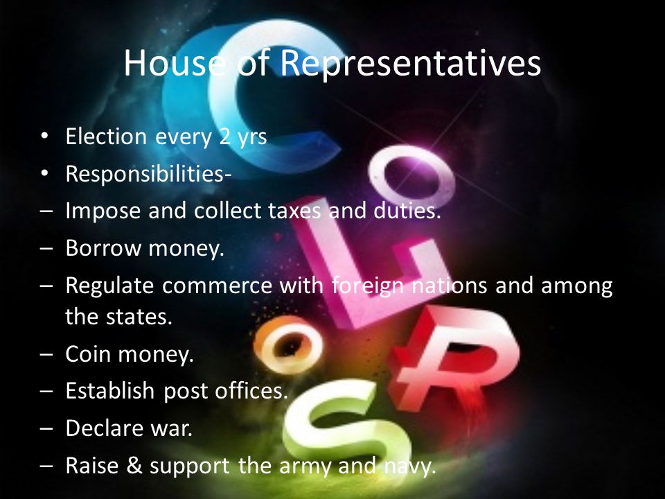 Constitution Project By: Brooke Martin. House Of Representatives Election  Every 2 Yrs Responsibilities- –Impose And Collect Taxes And Duties.  –Borrow. - Ppt Download
