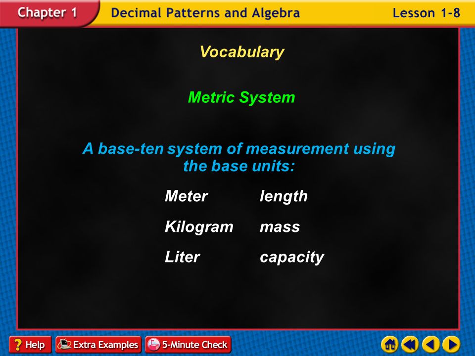 Example 8-6b Vocabulary Meter The base unit of length in the metric system