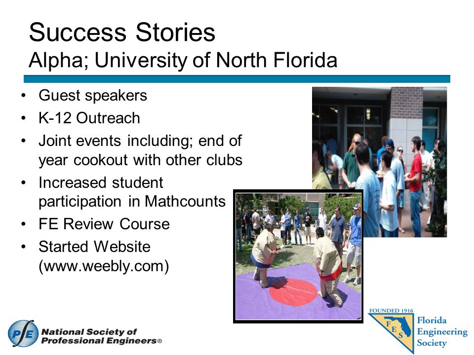 Success Stories Alpha; University of North Florida Guest speakers K-12 Outreach Joint events including; end of year cookout with other clubs Increased student participation in Mathcounts FE Review Course Started Website (