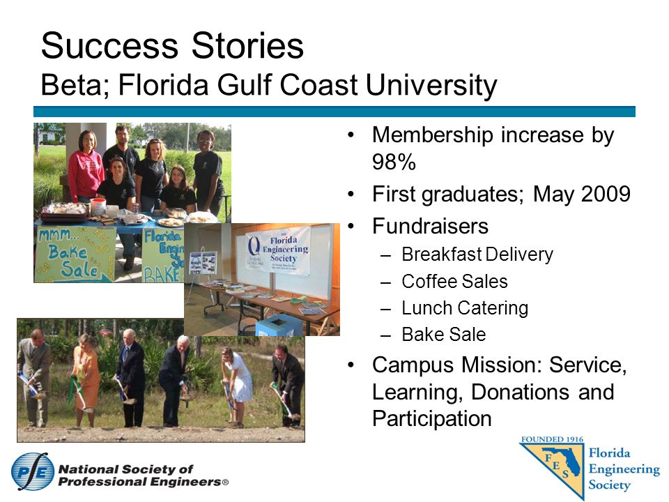 Success Stories Beta; Florida Gulf Coast University Membership increase by 98% First graduates; May 2009 Fundraisers –Breakfast Delivery –Coffee Sales –Lunch Catering –Bake Sale Campus Mission: Service, Learning, Donations and Participation