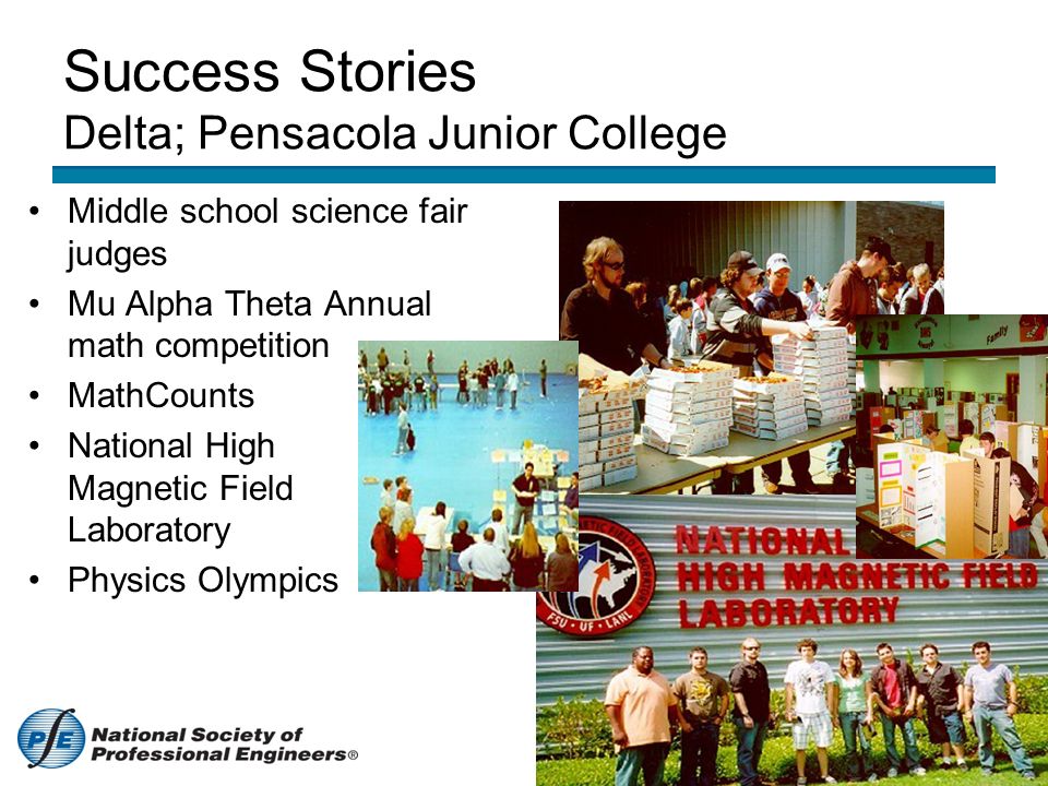 Success Stories Delta; Pensacola Junior College Middle school science fair judges Mu Alpha Theta Annual math competition MathCounts National High Magnetic Field Laboratory Physics Olympics