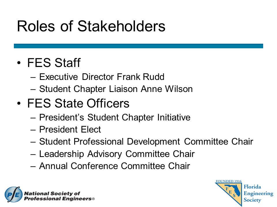 Roles of Stakeholders FES Staff –Executive Director Frank Rudd –Student Chapter Liaison Anne Wilson FES State Officers –President’s Student Chapter Initiative –President Elect –Student Professional Development Committee Chair –Leadership Advisory Committee Chair –Annual Conference Committee Chair