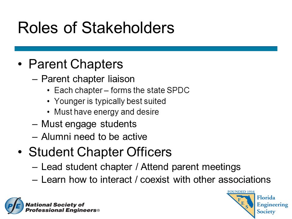 Roles of Stakeholders Parent Chapters –Parent chapter liaison Each chapter – forms the state SPDC Younger is typically best suited Must have energy and desire –Must engage students –Alumni need to be active Student Chapter Officers –Lead student chapter / Attend parent meetings –Learn how to interact / coexist with other associations
