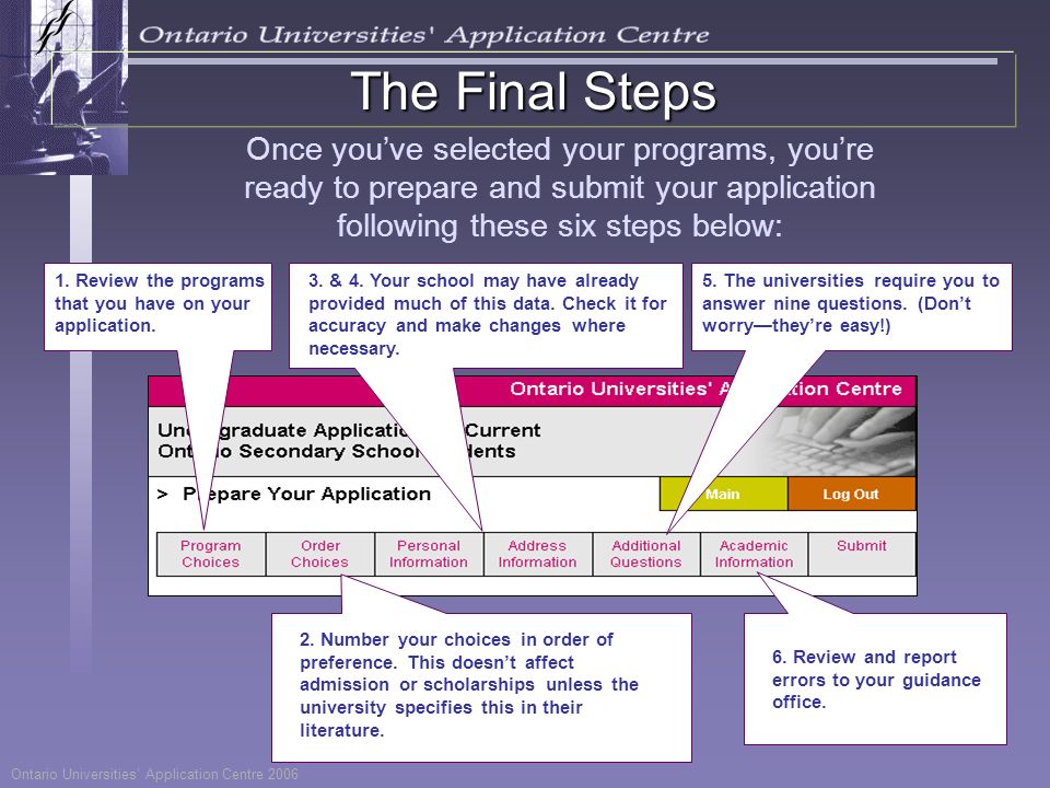 Once you’ve selected your programs, you’re ready to prepare and submit your application following these six steps below: The Final Steps 1.