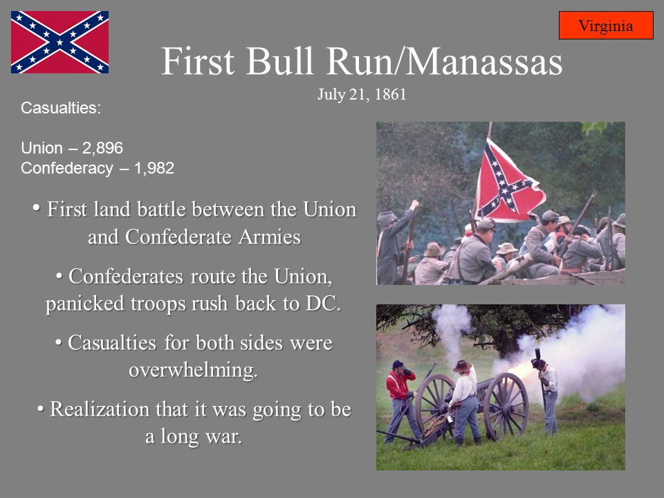 First Bull Run/Manassas July 21, 1861 Virginia Casualties: Union – 2,896 Confederacy – 1,982 First land battle between the Union and Confederate Armies First land battle between the Union and Confederate Armies Confederates route the Union, panicked troops rush back to DC.