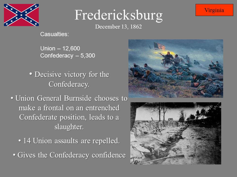 Fredericksburg December 13, 1862 Virginia Casualties: Union – 12,600 Confederacy – 5,300 Decisive victory for the Confederacy.