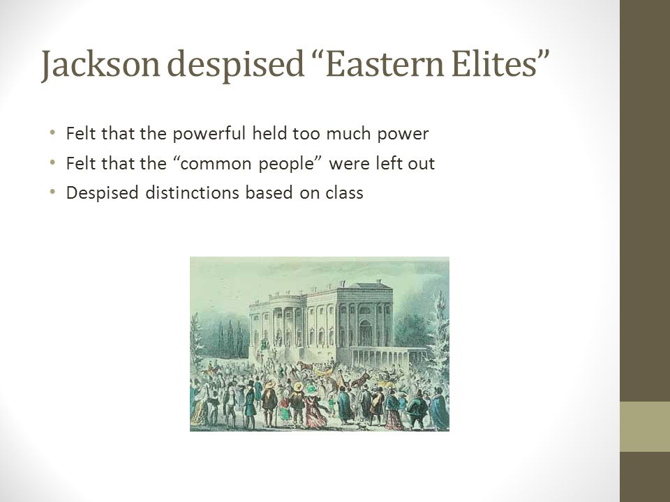 Jackson despised Eastern Elites Felt that the powerful held too much power Felt that the common people were left out Despised distinctions based on class