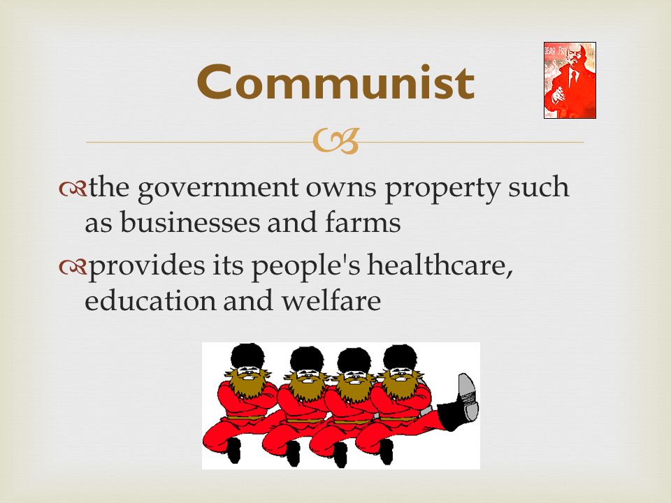  Capitalist  free-market country  people can own their own businesses and property  People can also buy services for private use, such as healthcare.