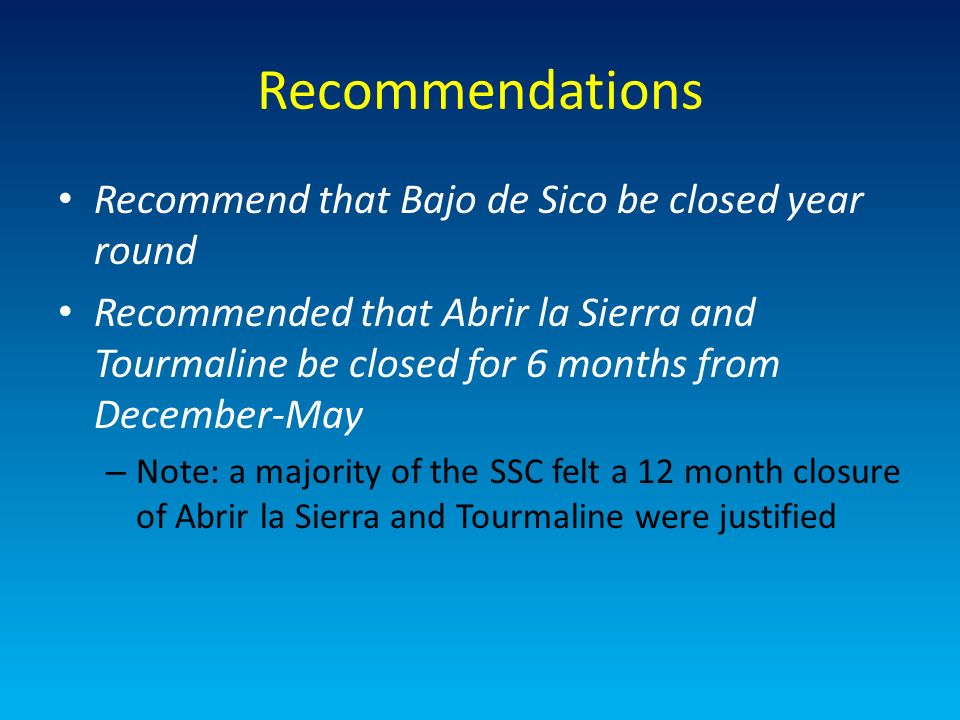 Recommendations Recommend that Bajo de Sico be closed year round Recommended that Abrir la Sierra and Tourmaline be closed for 6 months from December-May – Note: a majority of the SSC felt a 12 month closure of Abrir la Sierra and Tourmaline were justified