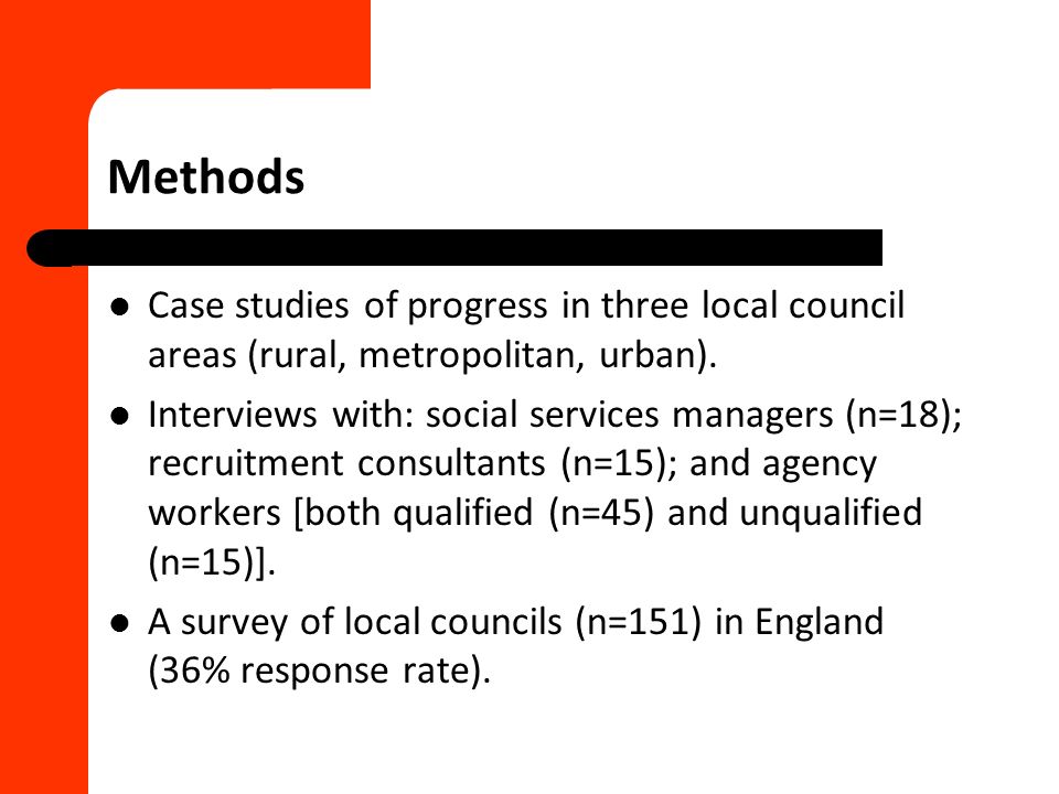 Methods Case studies of progress in three local council areas (rural, metropolitan, urban).