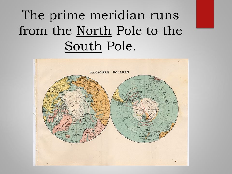 The prime meridian runs from the North Pole to the South Pole.