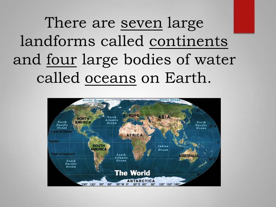 There are seven large landforms called continents and four large bodies of water called oceans on Earth.