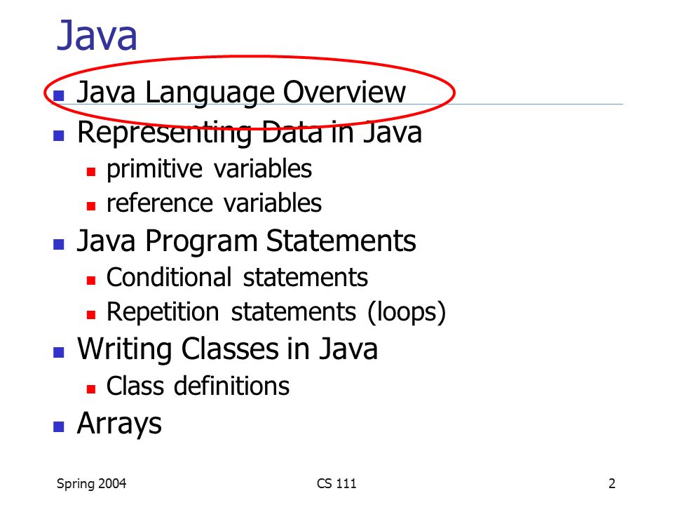 Java Review. Spring 2004CS 1112 Java Java Language Overview ...