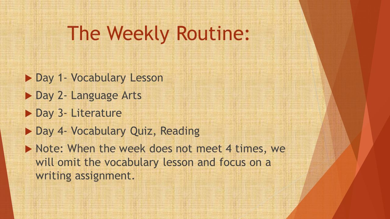 The Weekly Routine:  Day 1- Vocabulary Lesson  Day 2- Language Arts  Day 3- Literature  Day 4- Vocabulary Quiz, Reading  Note: When the week does not meet 4 times, we will omit the vocabulary lesson and focus on a writing assignment.