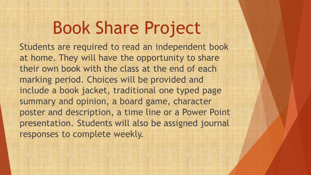 Book Share Project Students are required to read an independent book at home.
