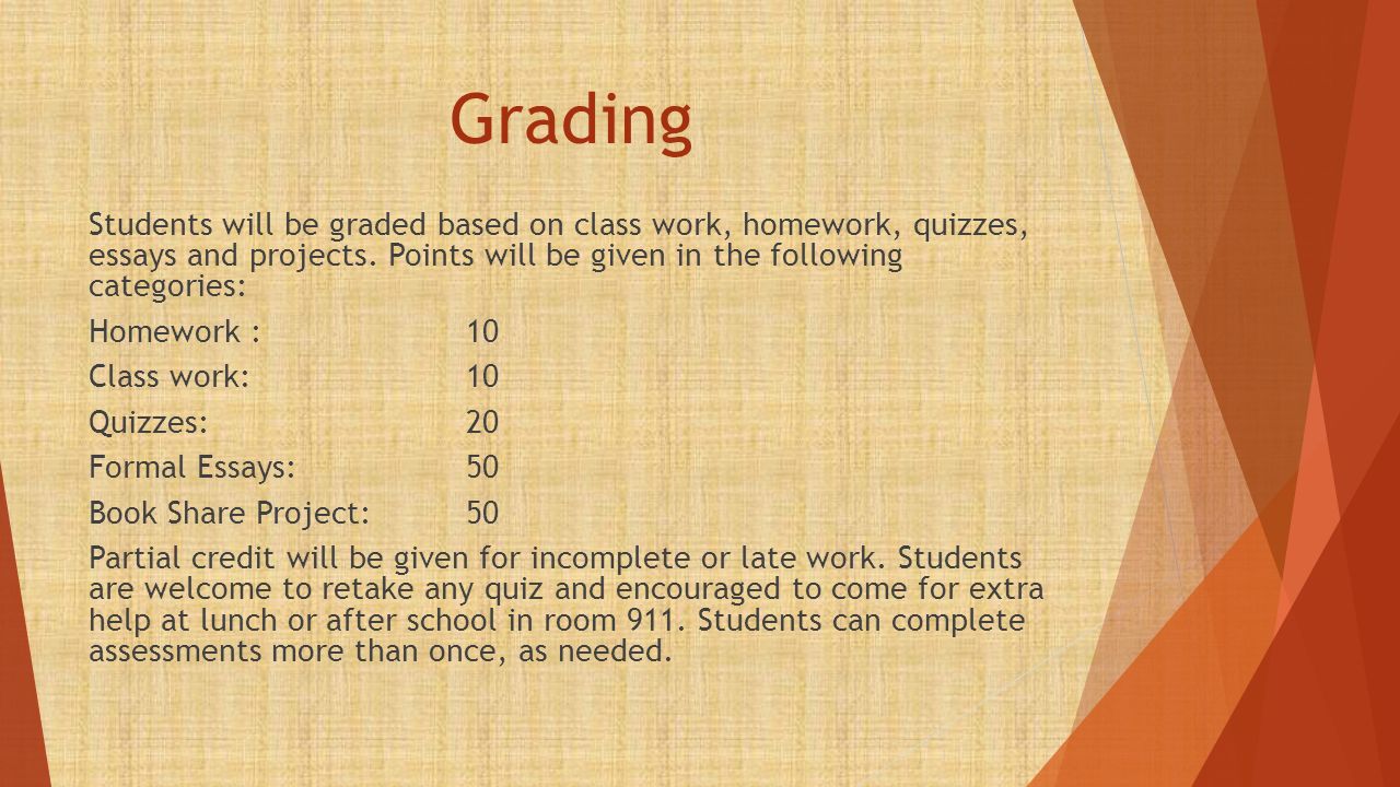 Grading Students will be graded based on class work, homework, quizzes, essays and projects.