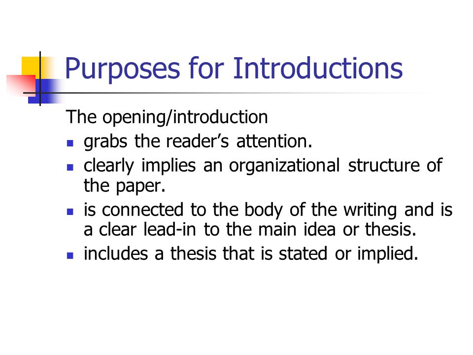 Purposes for Introductions The opening/introduction grabs the reader’s attention.