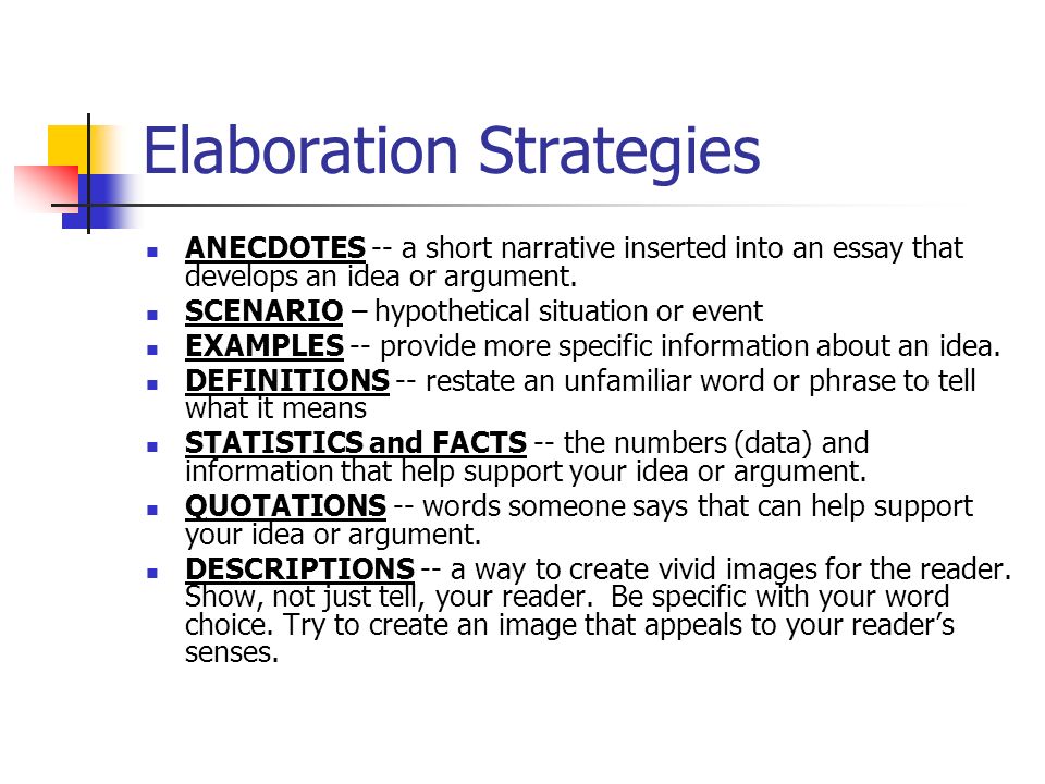 Elaboration Strategies ANECDOTES -- a short narrative inserted into an essay that develops an idea or argument.