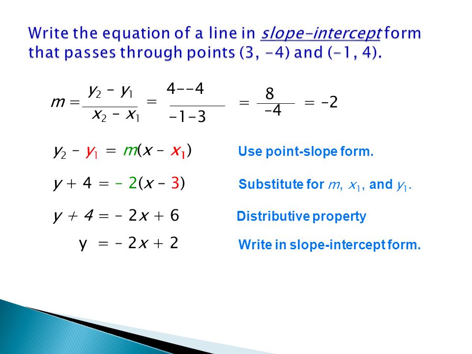 y 2 – y 1 m =m = x 2 – x = –4 == –2 y 2 – y 1 = m(x – x 1 ) Use point-slope form.
