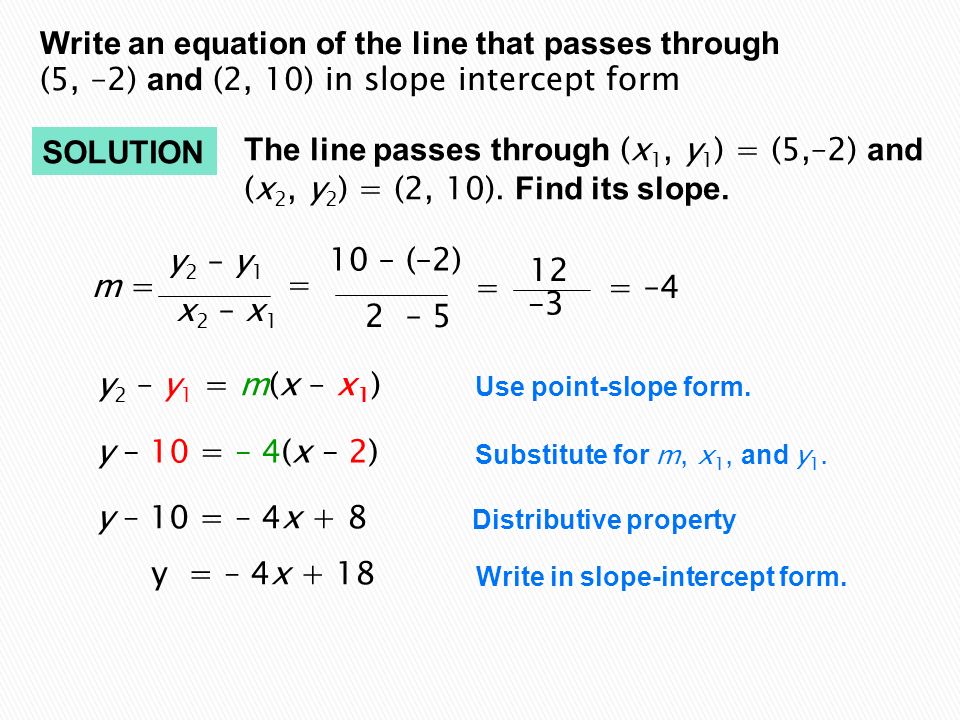 Write an equation of the line that passes through (5, –2) and (2, 10) in slope intercept form SOLUTION The line passes through (x 1, y 1 ) = (5,–2) and (x 2, y 2 ) = (2, 10).