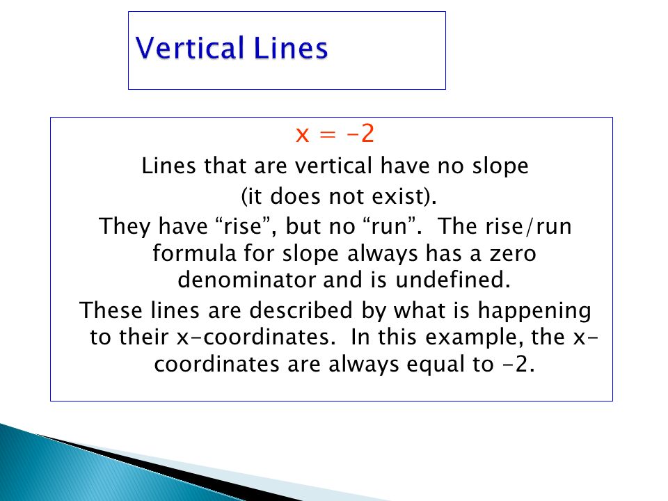 x = -2 Lines that are vertical have no slope (it does not exist).