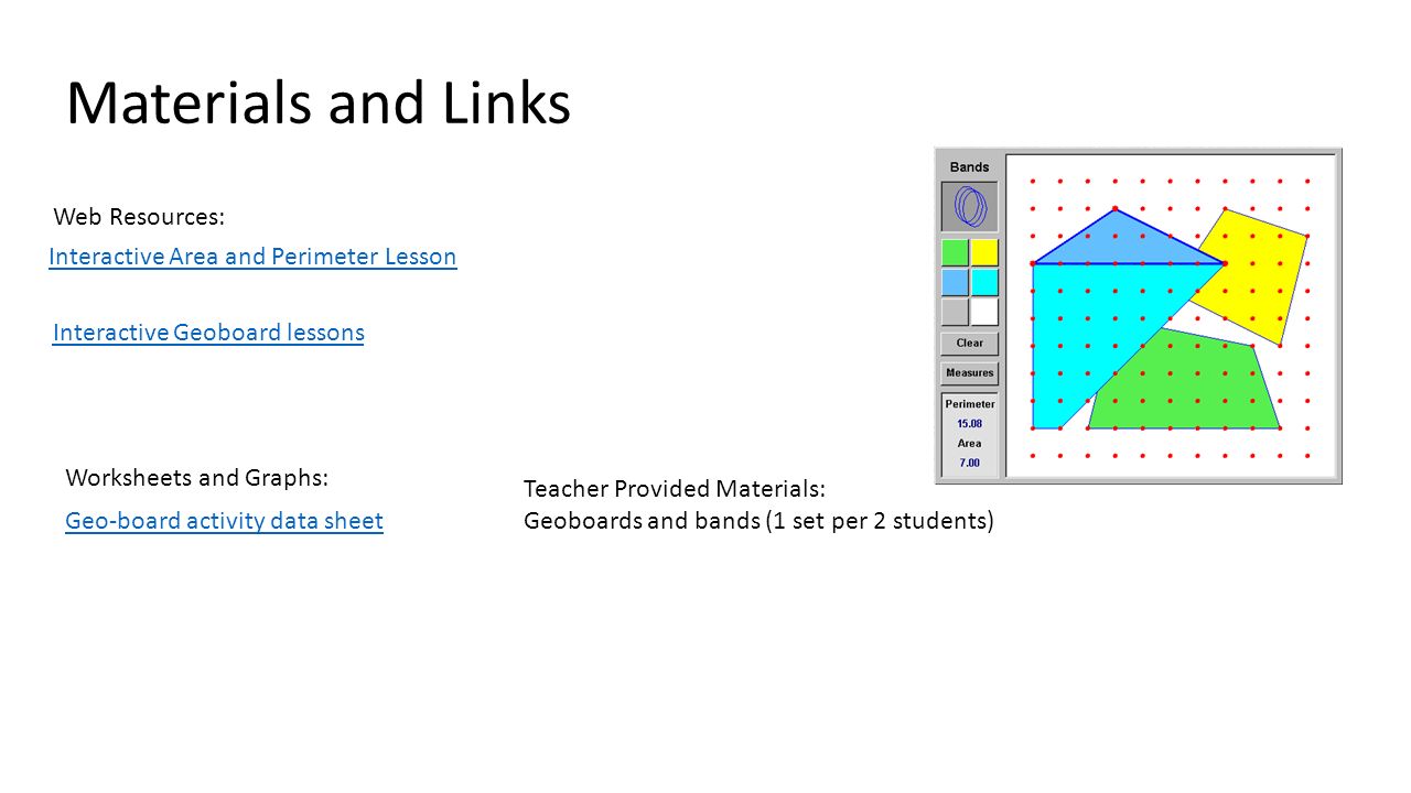Materials and Links Interactive Area and Perimeter Lesson Interactive Geoboard lessons Web Resources: Teacher Provided Materials: Geoboards and bands (1 set per 2 students) Worksheets and Graphs: Geo-board activity data sheet