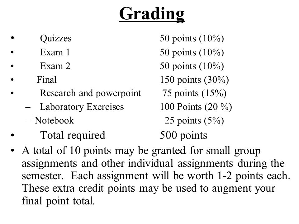 Grading Quizzes50 points (10%) Exam 150 points (10%) Exam 250 points (10%) Final150 points (30%) Research and powerpoint 75 points (15%) – Laboratory Exercises100 Points (20 %) –Notebook 25 points (5%) Total required500 points A total of 10 points may be granted for small group assignments and other individual assignments during the semester.