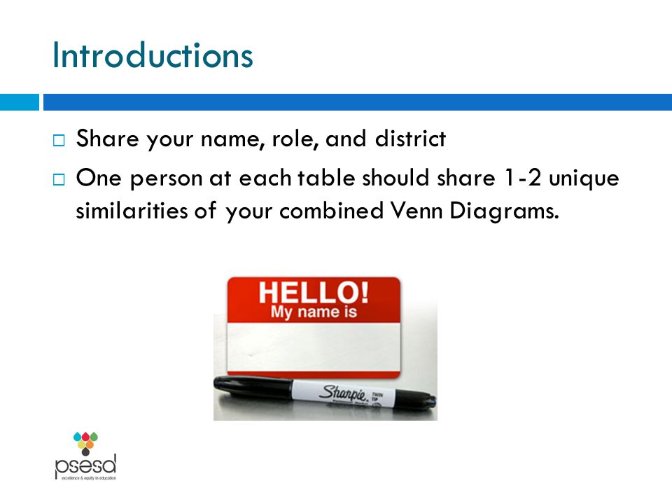 Introductions  Share your name, role, and district  One person at each table should share 1-2 unique similarities of your combined Venn Diagrams.