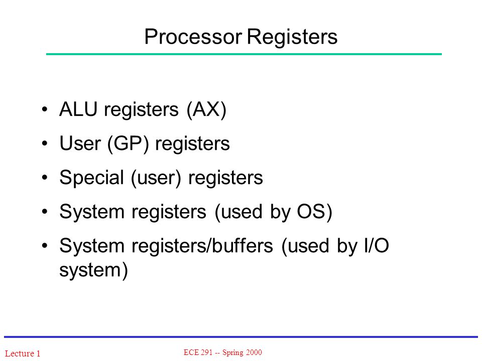 Lecture 1 ECE Spring 2000 Processor Registers ALU registers (AX) User (GP) registers Special (user) registers System registers (used by OS) System registers/buffers (used by I/O system)