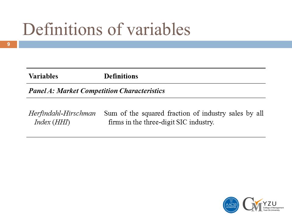 Definitions of variables 9 VariablesDefinitions Panel A: Market Competition Characteristics Herfindahl-Hirschman Index (HHI) Sum of the squared fraction of industry sales by all firms in the three-digit SIC industry.