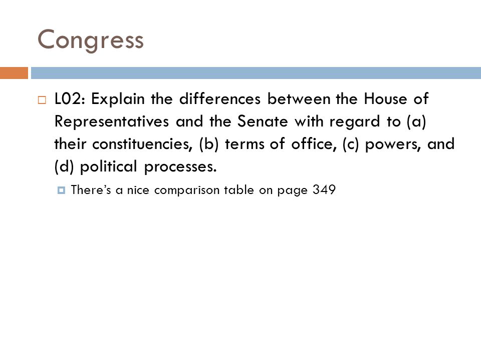Congress  L02: Explain the differences between the House of Representatives and the Senate with regard to (a) their constituencies, (b) terms of office, (c) powers, and (d) political processes.