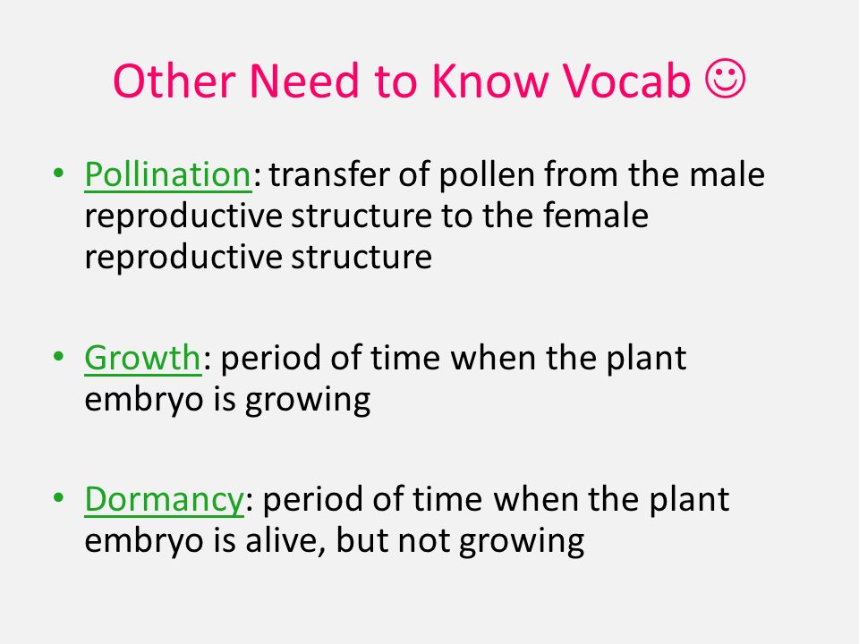 Other Need to Know Vocab Pollination: transfer of pollen from the male reproductive structure to the female reproductive structure Growth: period of time when the plant embryo is growing Dormancy: period of time when the plant embryo is alive, but not growing
