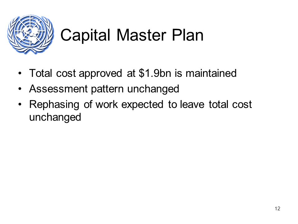 12 Capital Master Plan Total cost approved at $1.9bn is maintained Assessment pattern unchanged Rephasing of work expected to leave total cost unchanged