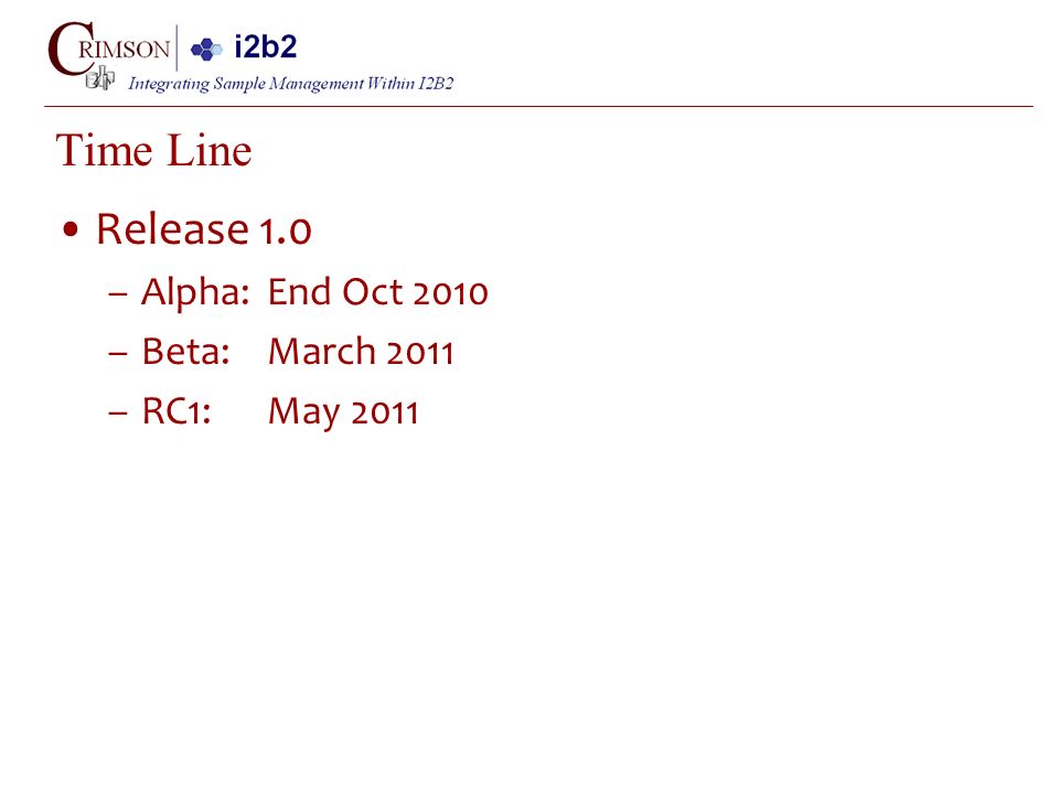 Time Line Release 1.0 –Alpha: End Oct 2010 –Beta: March 2011 –RC1: May 2011