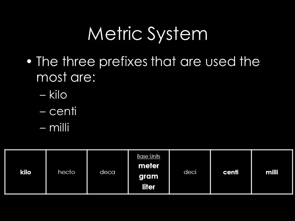 Metric System The metric system is based on a base unit that corresponds to a certain kind of measurement Length = meter Volume = liter Weight (Mass) = gram Prefixes plus base units make up the metric system –Example: Centi + meter = Centimeter Kilo + liter = Kiloliter